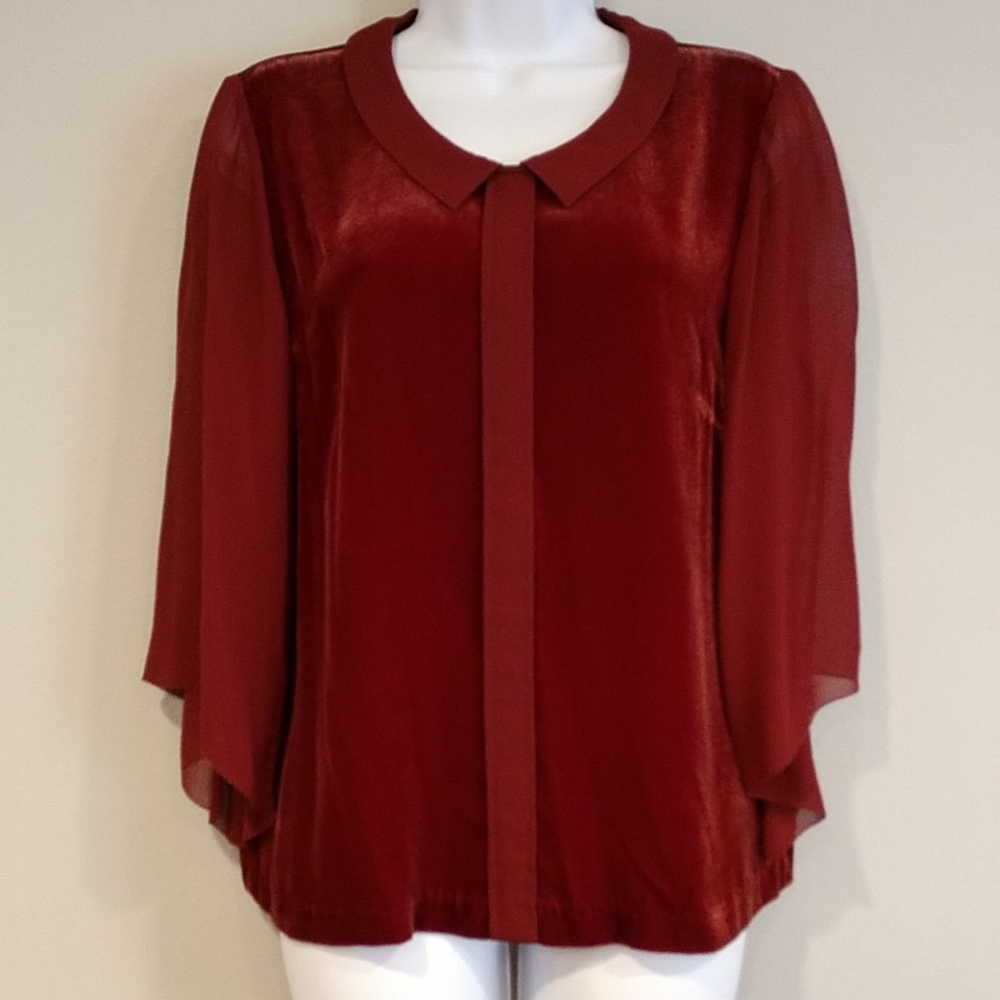 WRAP London velvet blouse with sheer sleeves sz 8
